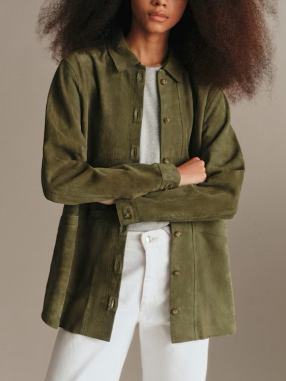 Sézane Will Green Suede Button Goat Leather Jacket